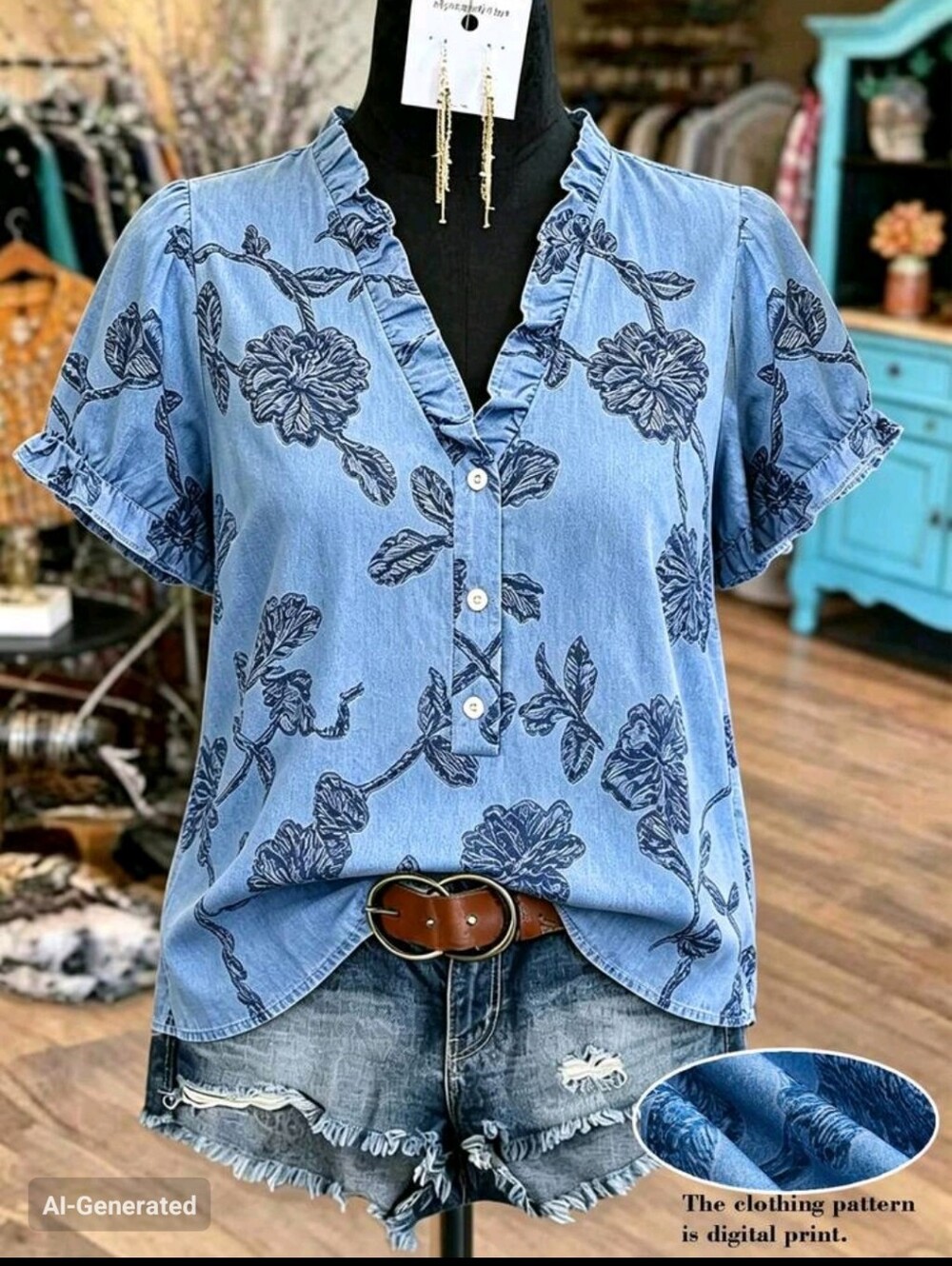 BRAND NEW ** Light Denim Blue Floral Ruffle V-Neck Button Blouse